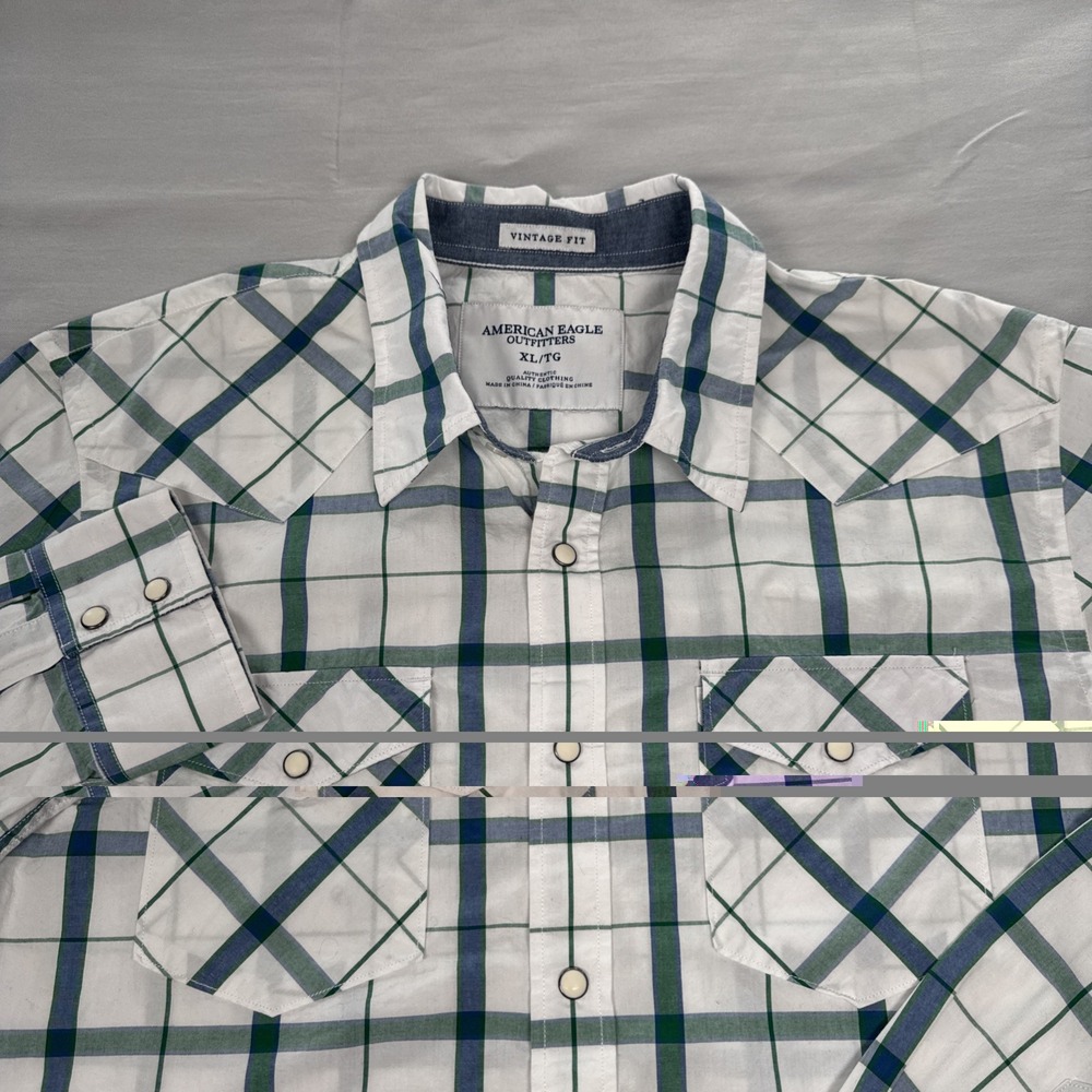 American Eagle Vintage Fit Pearl Snap Plaid Shirt Mens XL Western Cowboy White